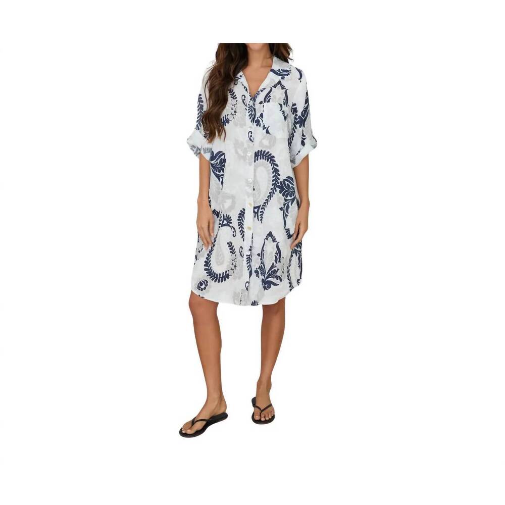 NEW MILIO MILANO paisley print linen dress in white/navy